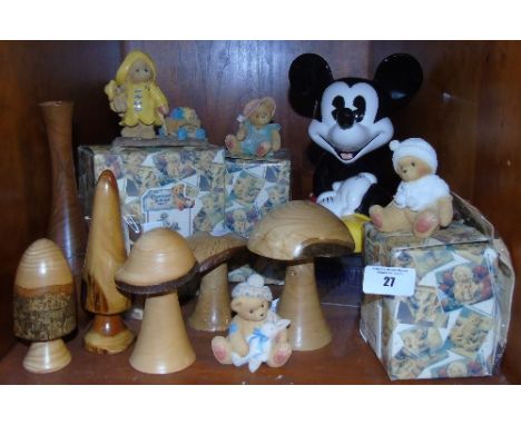 A Collection of Items to include Treen Mushrooms, Four Cherished Teddy's and a Ceramic Figure of Mickey Mouse.  