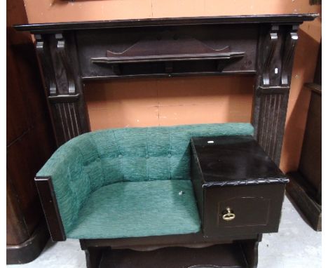 A Wooden Fire Surround, Upholstered Telephone Table/Seat & Dressing Table with decorative brass back plates and handles. (3).