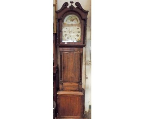 A 19th century long case clock in mahogany case, enamel dial with Galleon moon phase top by Higgins of Peel      In need of r