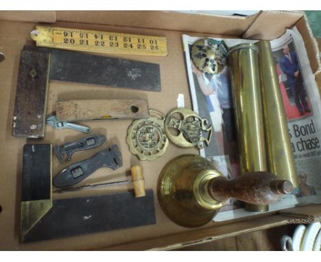 Old school brass bell, brass shell cases, tools etc 