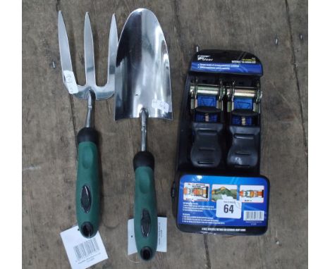 New two-piece ratchet tie-down strap set, new stainless steel hand trowel and hand fork 