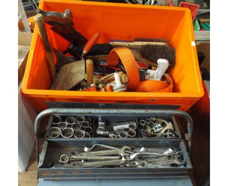 Metal toolbox with contents, one other box with trowels, hammers, tie down strap sets and other tools etc 