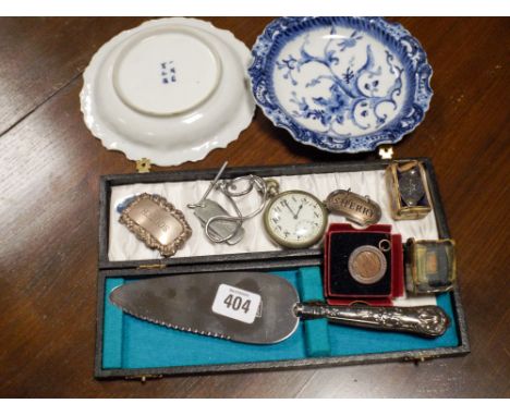 Two blue and white dishes, pocket watch, wine ladle and various other pieces 