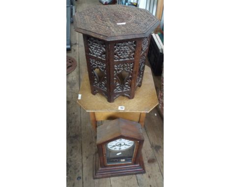 Lift-top sewing work box, hexagonal Chinese style carved mini table and a clock 