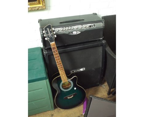 Line 6 large speaker, a matching amplifier and a guitar with no strings 