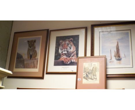 Two prints by Roy Cheffin of a lion cub and a tiger, print of sailing boats and a golfing print