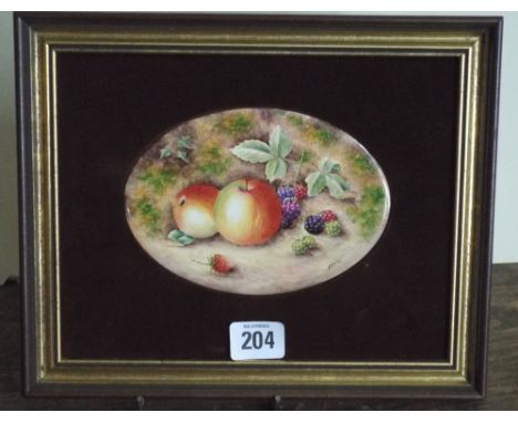 A framed Royal Worcester style porcelain plaque of fruit signed S Smith 