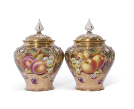 Small pair of Royal Worcester vases decorated with fruit, both signed H Henry, Royal Worcester black factory mark to base and