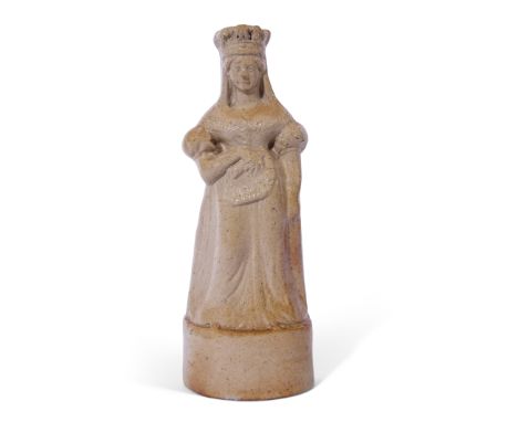 Salt glaze spirit flask, probably Lambeth, modelled as Queen Victoria holding a scroll, impressed "My Hope is in my People", 