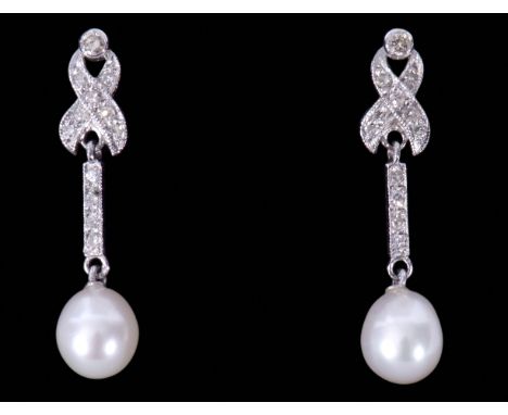 Pair of 18ct white gold, diamond and pearl drop earrings, a design with a small diamond set bow, supporting articulated bars,
