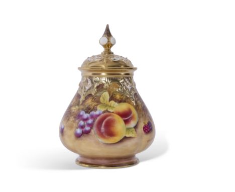 Royal Worcester vase with reticulated cover decorated with fruit, signed by N Bunegar, factory mark to base and shape H291, 1