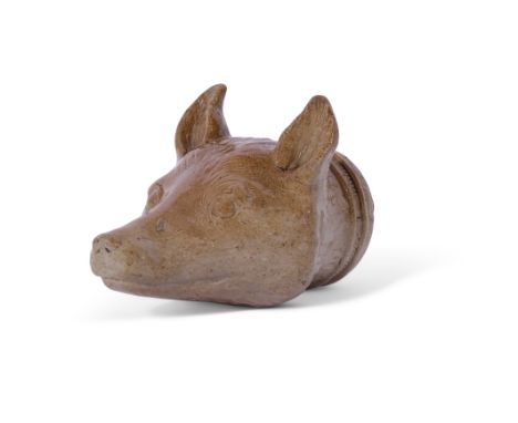 Salt glaze flask in the shape of a fox's head, marked around neck "Stephen Green Imperial Potteries, Lambeth", length 12cm (o