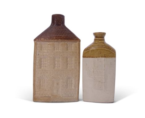 Salt glaze spirit flask with impression of Crystal Palace, together with a larger flask modelled as a house with eight window