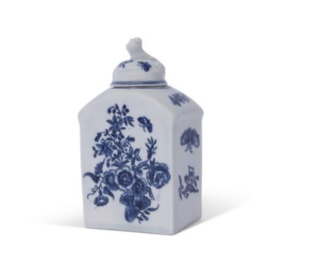 Lowestoft porcelain tea caddy and cover decorated in underglaze blue with Worcester style prints, pseudo crescent mark to bas