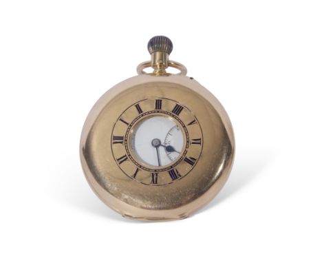 Second quarter of 20th century gents 18ct gold cased half hunter pocket watch having blued steel hands to a white enamel dial