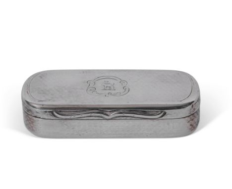 Victorian silver snuff box of oval design, having all over worn engine turned decoration, moustache thumb piece, the lid engr