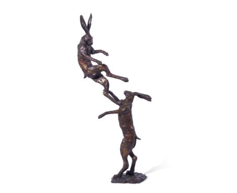 Paul Jenkins', Bronze Fighting Hares, pair of solid bronze fighting hares, 96cm tall, initialled 'P.J.' and numbered 1/50