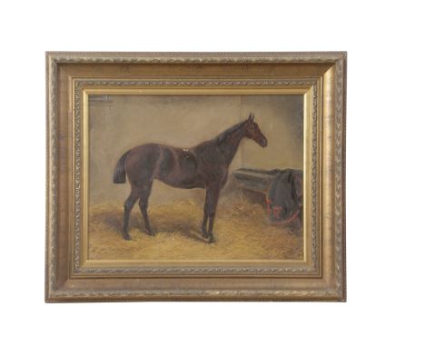 Henry Whittaker Reville (British, fl.1881-1903) Portrait of unidentified dark bay standing in a stable.  Oil on canvas, signe