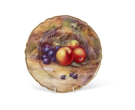 Royal Worcester plate decorated with fruit, signed by H Price, within a shaped gilt rim border, puce mark to base, 22cm diam