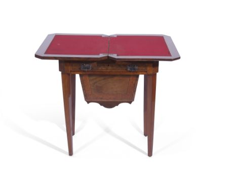 Victorian burr walnut work/games table, the top table swivels and folds to reveal a baize top card table, below a single draw