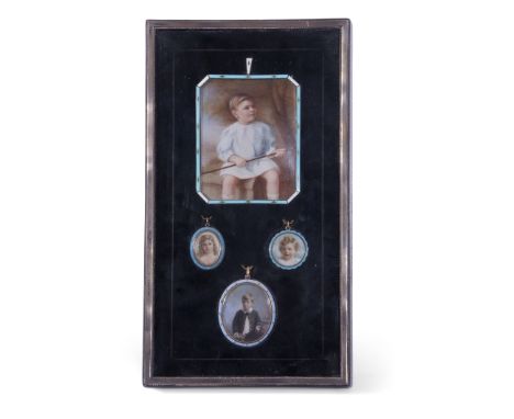 Interesting early 20th century set of four family portrait miniatures, the first within a silver plated, blue and white ename