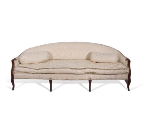 Set of four early 20th century mahogany elbow chairs with oval backs, stuffed over seats in cream damask, together with match