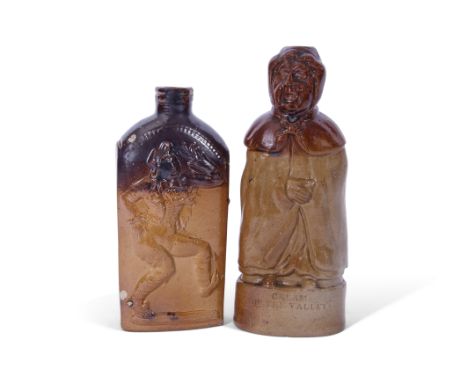 Salt glaze Cream of the Valley spirit flask, modelled as an old lady with shawl, impressed title to base, together with a dan