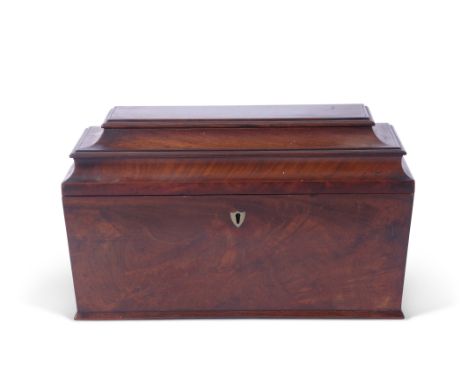 Georgian mahogany sarcophagus formed tea caddy, the hinged lid opening to an interior with two further lidded compartments an