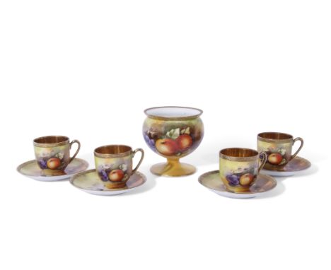 Group of four Japanese porcelain cups and saucers, all with hand painted fruit designs in Worcester style, the interiors with