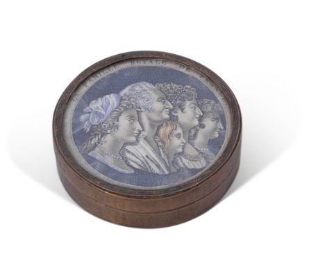 19th century French circular copper box and lid, the push-on lid featuring coloured lithograph inscribed to edge "La famille 