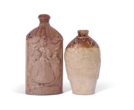 Salt glaze flask modelled as a young Queen Victoria under a canopy, impressed Robinson Wine &amp; Spirit Merchants, Tottenham