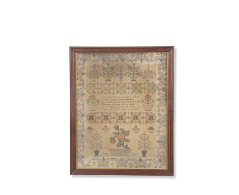 George III needlework sampler decorated with religious text and flowers and geometric border, signed "Sarah Abigail, aged 10 