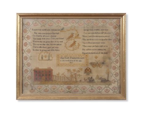 George III needlework sampler, decorated with rows of religious text and a scene of a farmhouse with animals, surrounded by a