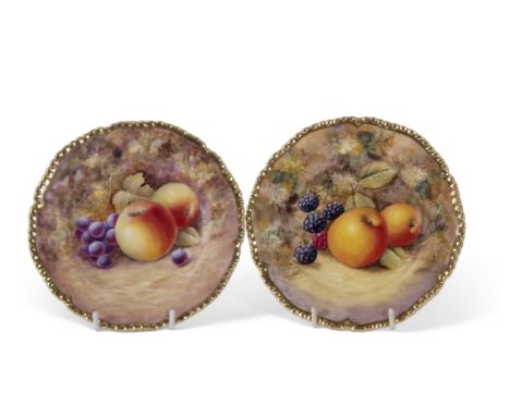 Two small Royal Worcester plates painted with fruit within shaped gilt rims, black factory mark to base, one plated signed J 