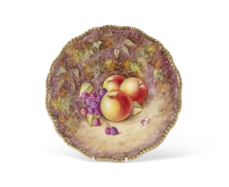 Royal Worcester plate painted with fruit, signed T Nutt, within a gilt shaped rim, Worcester black factory mark to base, 23cm