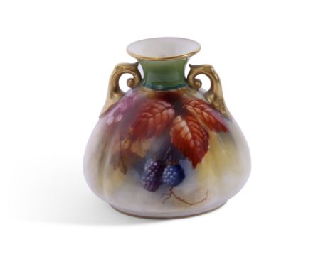 Small Royal Worcester vase decorated with blackberries and leaves, unsigned but possibly by Kitty Blake, 9cm high