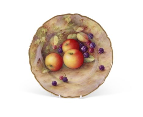 Royal Worcester vase decorated with fruit within a shaped gilt rim, signed by A Shuck, 22cm diam