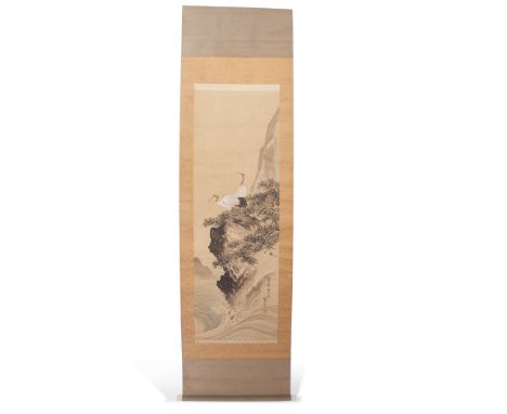 Chinese scroll watercolour, late Qing/early Republic period, of cranes or wading birds nesting, with signature block, the scr