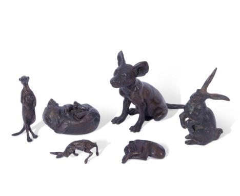 Tom Greenshield (contemporary British), collection various small bronze and resin bronze figures to include hunting dog, rabb