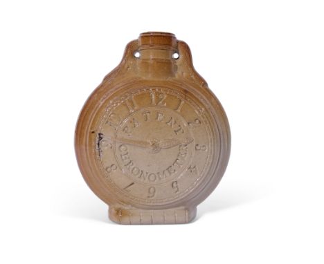 Fulham Pottery flask with clock face impressed patent chronometer, 17.5cm high, factory mark to base