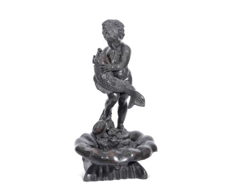 Large modern bronze garden sculpture of a cherub standing in a shell bowl holding a fish with a turtle at his feet, 139cm tal