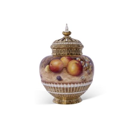 Royal Worcester large vase decorated with fruit, signed by T Nutt, with reticulated gilt cover and inner liner, 23cm high