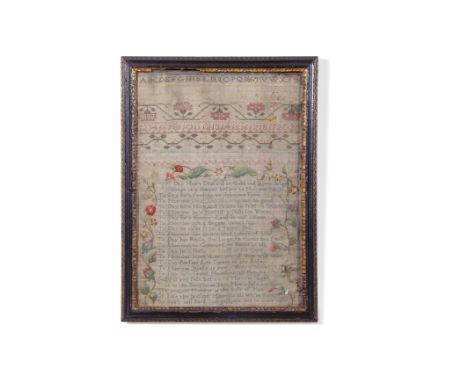 19th century needlework sampler decorated with rows of letters and numbers and an extensive text of "Today and Tomorrow" vers