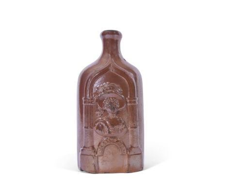 Large salt glaze flask, possibly Brampton, moulded with portrait of Queen Victoria and Duchess of Kent verso, 27cm high