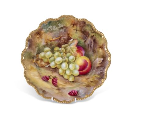 Royal Worcester plate decorated with fruit within a shaped gadrooned gilt rim, the plate signed by H Price, 23cm diam, Worces