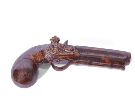 Stephen Green salt glaze spirit flask modelled as a pistol, marked "S Green Imperial Potteries" to top, 18cm long (trigger gu