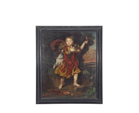 Nicolaes Maes (Dutch, 1634-1693), Portrait of a young boy in red with an exotic bird in one hand and a spaniel by his side, a