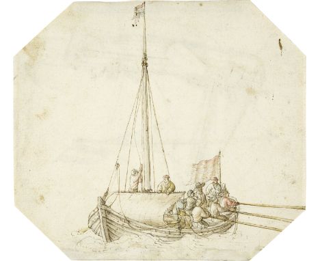 Hendrick Avercamp - Zugeschrieben (Amsterdam 1585 - 1636 Kampen)Vollbesetztes Ruderboot mit zwei Männern, die das Segel hisse