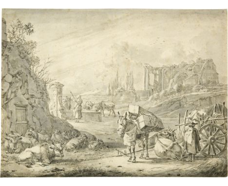 Willem Romeyn (Um 1624  Haarlem 1694)Campagnalandschaft mit Ruinen und rastenden Landleuten an einem BrunnenUm 1660-1695Pinse