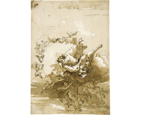 Giovanni Domenico Tiepolo (1727 Venedig 1804)Gottvater, nach links, von Engeln getragenFeder in Bister, laviert, auf Bütten26